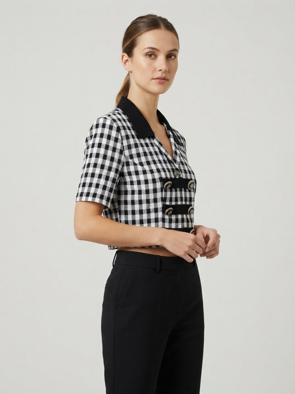 Black & White Gingham Cropped Button-Front Top